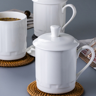 景德镇中式釉下彩茶杯陶瓷家用喝茶杯办公杯茶水白色骨瓷会议带盖