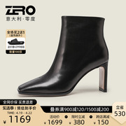 zro零度女鞋春季女士真皮，小短筒方头皮鞋，时尚高跟皮靴子