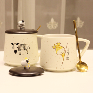 卡通长颈鹿陶瓷马克杯个性咖啡杯带盖勺水杯子办公室早餐牛奶杯