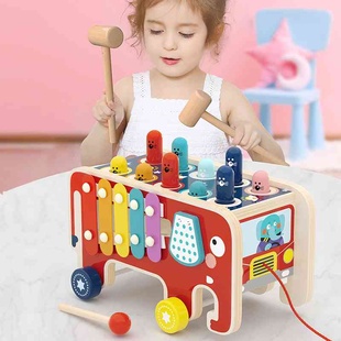 儿童木制玩具大象敲琴打地鼠恐龙拖拉车敲打配对益智亲子早教玩具