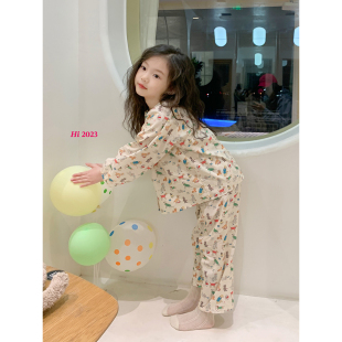 奶油kids童装儿童，家居服套装2023女童全棉，卡通宽松春秋睡衣