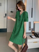 绿色蕾丝连衣裙女夏欧洲站欧货女装，潮高级感显瘦气质a字雷丝裙子