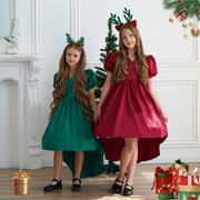 欧美圣诞节女童连衣裙儿童礼服拖尾裙姐妹装泡泡袖优雅连衣裙