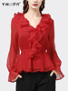 雪纺衫女装喇叭长袖荷叶边v领上衣红色收腰显瘦洋气春秋小衫