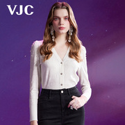 VJC/威杰思2024春夏女装V领提花针织衫米白长袖修身开衫