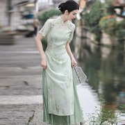 新中式民国风日常改良旗袍清新文艺印花罩衫吊带裙国风连衣裙套装