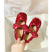 红色亮片女童皮鞋公主，鞋2024春季银色宝宝，单鞋平跟软底礼服鞋