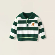 男童毛衣外套春秋款宝宝儿童婴儿绿色条纹POLO领长袖毛衣针织衫