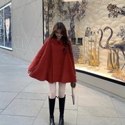 复古红斗篷式双面羊绒大衣女短款小个子，a字秋冬羊毛呢子西装外套