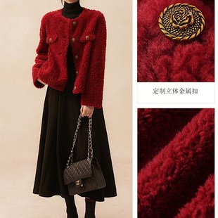 新年红颗粒羊剪绒皮草短外套，女冬季小香风，羊羔毛皮毛(毛皮毛)一体上衣