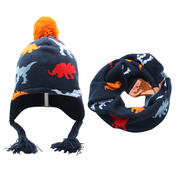 冬季儿童线帽男童宝宝恐龙印花毛线帽小童加绒厚套头护耳帽子围脖