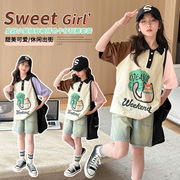 个性女童夏装polo衫短袖套装，韩版洋气牛仔短裤，两件套儿童姐妹装女