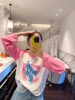 智研 韩国t恤时尚学院风粉色插肩袖长袖纯棉57印花上衣