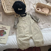 婴儿春秋款连体衣婴儿工装背带裤，条纹t恤套装宝宝外出爬服两件套