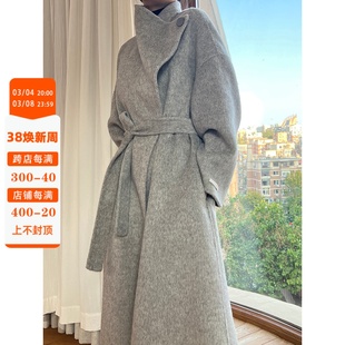 大连东越韩国设计师款立领双面，羊绒大衣女，中长款灰色高级毛呢外套