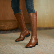全牛皮长筒骑士靴显瘦不过膝长靴，女冬真皮棕色复古直筒平跟高筒靴