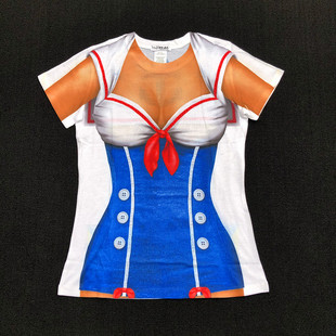 欧美街头潮趣性感女神短袖T恤3D创意仿真印花海军水手修身显瘦夏