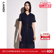LANDI蓝地藏蓝色网纱拼接短袖衬衫连衣裙女2023年夏季裙子