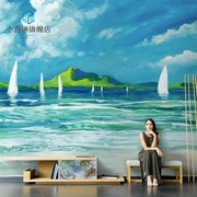 北欧抽象油画风景海景帆船，唯美客厅电视背景墙纸，无缝沙发壁纸壁画