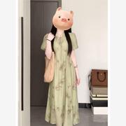 新中式国风汉元素绿色连衣裙子夏装女2024年古着vintage长裙
