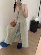 韩国清新少女法式u型领一排扣浅蓝色无袖背心裙