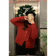 sieyiu大红色毛衣韩版冬加厚双排扣圣诞新年穿搭针织开衫外套上衣