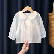 女童秋装白衬衫2024小童公主蕾丝长袖上衣宝宝宽松洋气娃娃衫