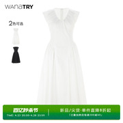wanatry白色v领褶皱，设计感连衣裙2024无袖，长裙清新气质裙子