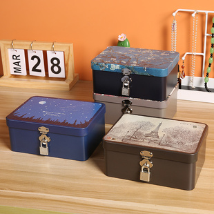 复古马口铁盒子创意带锁收纳盒，储物盒化妆品首饰，小箱子学生首饰盒