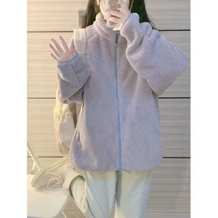 紫色羊羔毛立领(毛立领，)棉服外套女秋冬季加厚宽松毛绒棉衣学生毛茸茸棉袄