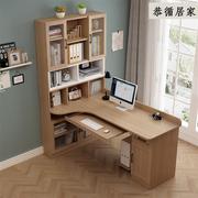 全实木转角书桌书架，组合电脑桌书柜一体，家用办公桌儿童学习写字桌
