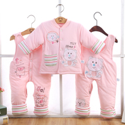 秋冬婴儿棉衣套装加厚0-1岁男女宝宝冬装新生儿，棉袄背带裤三件套