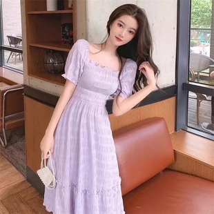 赫本风泡泡袖可盐可甜香芋淡紫色连衣裙女夏法式气质收腰显瘦长裙