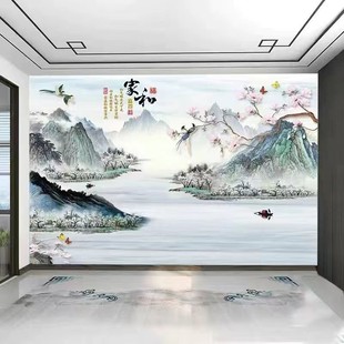 8d新中式流水生财水墨山水壁画，客厅沙发电视，背景墙布海纳百川墙布
