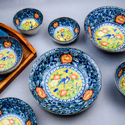 日本进口陶瓷碗红花鸟陶瓷盘菜盘深盘日式料理家用盘平盘碗盘套装