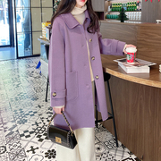 紫色双面羊绒大衣女2023年中长款单排扣毛呢外套，女秋冬高级感