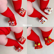 婴儿袜子冬季红色纯棉新生幼儿，0-1岁男女宝宝满月周岁，新年中(新年中)筒袜
