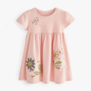 欧美童装女童连衣裙夏季儿童，纯棉短袖t恤裙粉红色，小宝宝a字裙子