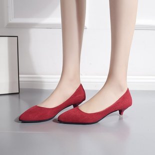 法式小众低跟尖头单鞋女绒面红色新娘，鞋裸色简约仙女鞋职业舒适鞋