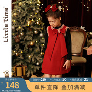 littletime儿童春秋毛呢背心，裙红色礼服裙年服女童小香风连衣裙