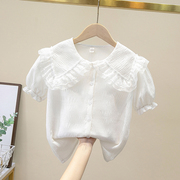 女童衬衫短袖夏季娃娃领雪纺衬衣儿童洋气泡泡袖白色上衣外穿