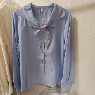 蓝色设计感气质长袖衬衫女春蝴蝶领结海军风娃娃领高级感上衣