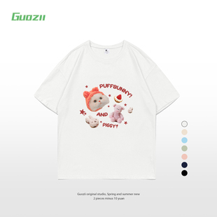 Guozii元气系列白色正肩短袖t恤女可爱猫咪学院风ins纯棉圆领上衣