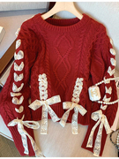 韩版红色蝴蝶结蕾丝系带麻花特大码毛衣女小个子胖mm针织衫300斤