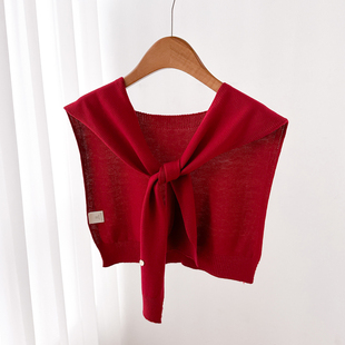 针织小披肩外搭肩女大红色春秋夏季衬衫，毛衣空调护颈围脖子薄围巾