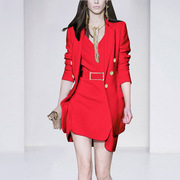 职业套装女红色欧美西装，名媛外套v领连衣裙工装套装裙