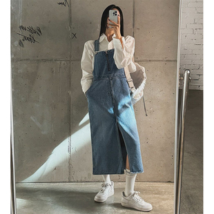 韩国女装LAG2024春季时尚纯色水洗磨白背带牛仔中长款连衣裙