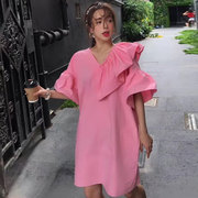 韩国东大门仙女减龄裙子2023夏季喇叭袖v领宽松荷叶边连衣裙