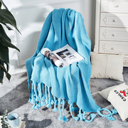 促浅蓝色搭毯北欧多色辫子毛线毯(毛，线毯)针织流苏沙发，毯床尾毯粗线午睡新