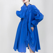 K21欧美女装2021潮气质显瘦褶皱衬衫裙宝蓝宽松长袖连衣裙
